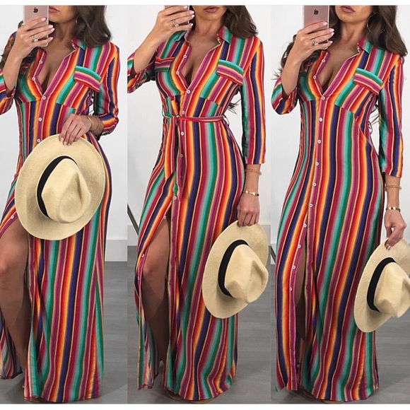 Skittles Rainbow Boho Stripes Maxi Tunic Dress - Picture 2 of 8